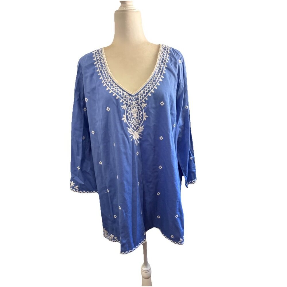 Sigrid Olsen Embroidered Blue V Neck 3/4 Sleeve Blouse Resort Wear Size XL